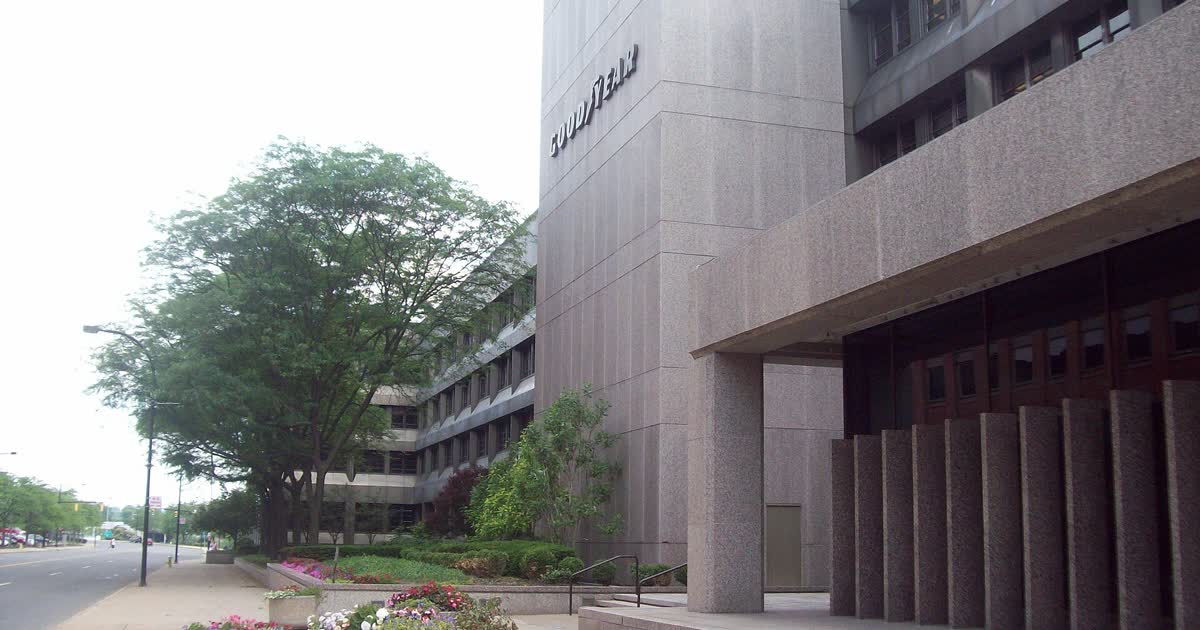 The Goodyear headquarters building in Akron Ohio with Goodyear signage
