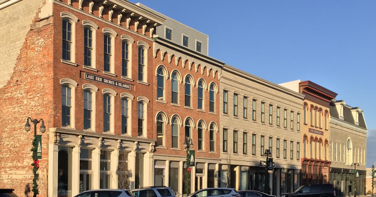 Historic brick buildings on East Water Street in downtown Sandusky Ohio