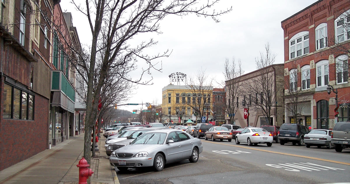 Main street in downtown New Philadelphia Ohio with brick storefronts