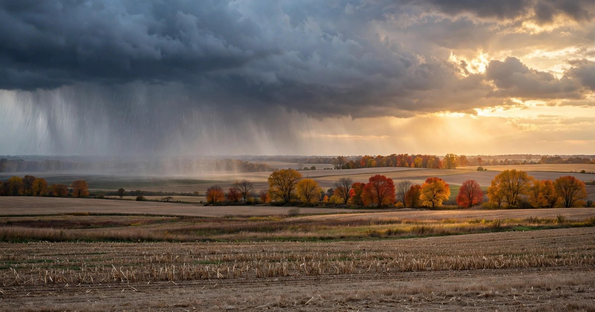 Evening rain shower moving over autumn Ohio farmland at dusk