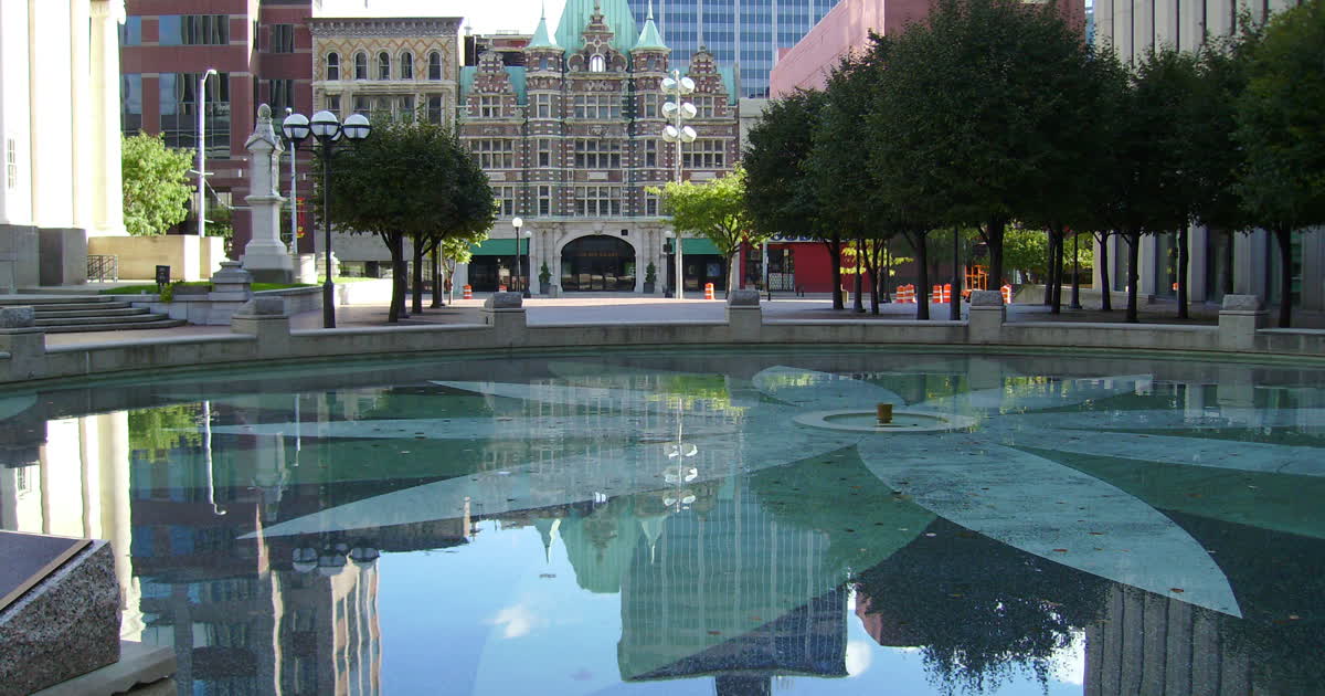 Courthouse Square fountain and plaza in downtown Dayton, Ohio