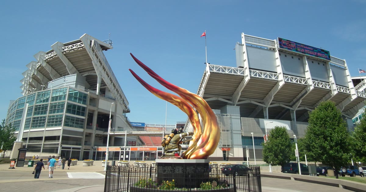 Cleveland Fire Fighters Memorial statue in front of the Cleveland Browns lakefront stadium