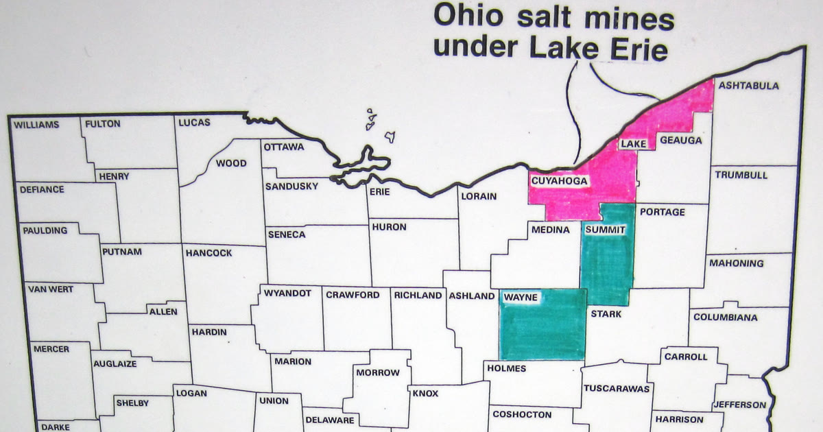 Display map titled Ohio salt mines under Lake Erie showing northern Ohio counties
