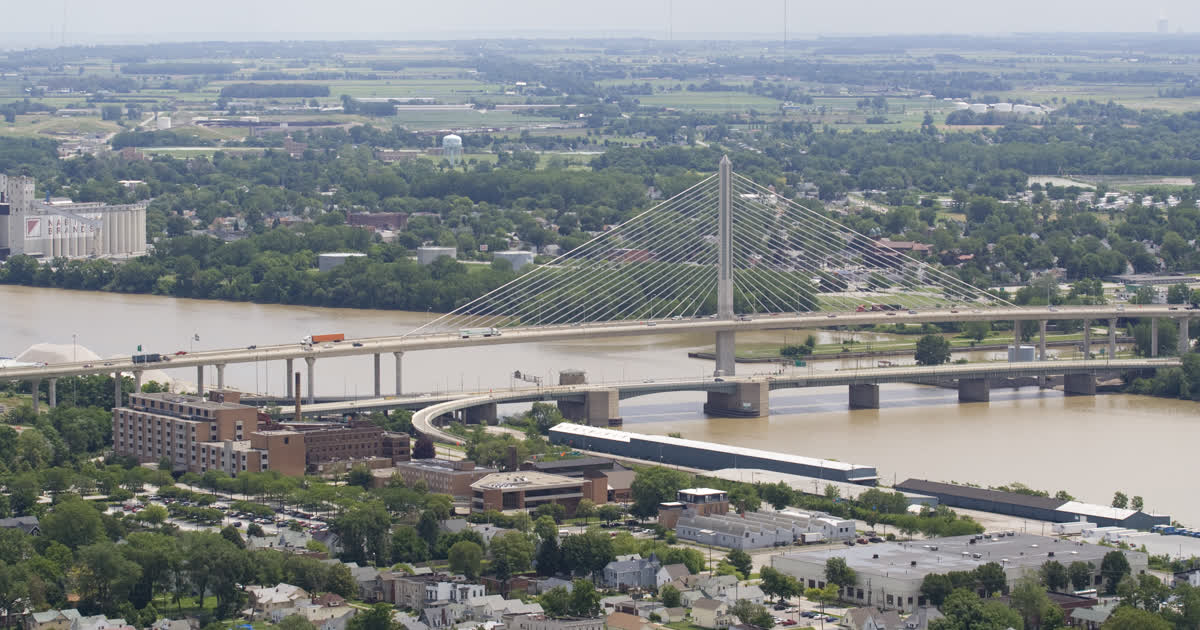 Aerial view of the Veterans Glass City Skyway and Craig Memorial Bridge in Toledo