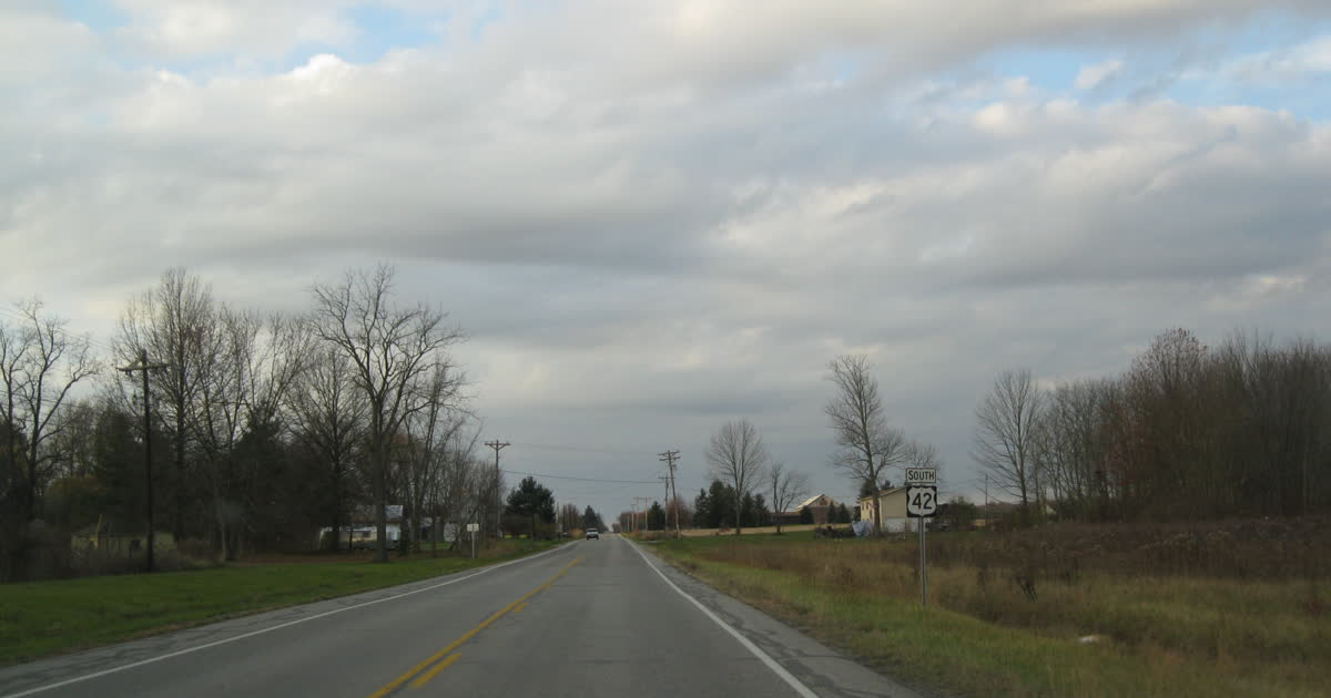 U.S. Route 42 in Ohio with a South 42 road sign along a rural two-lane highway