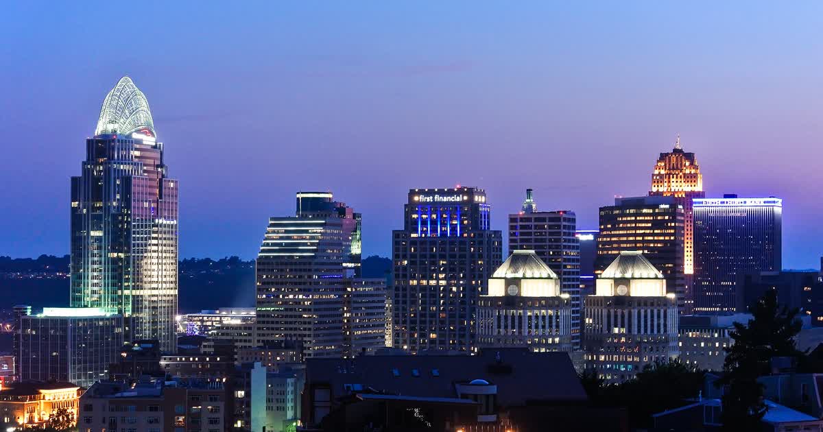 Downtown Cincinnati skyline at dusk