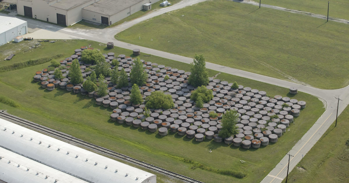 Aerial view of converter shells stored at the Portsmouth Gaseous Diffusion Plant site in Piketon, Ohio