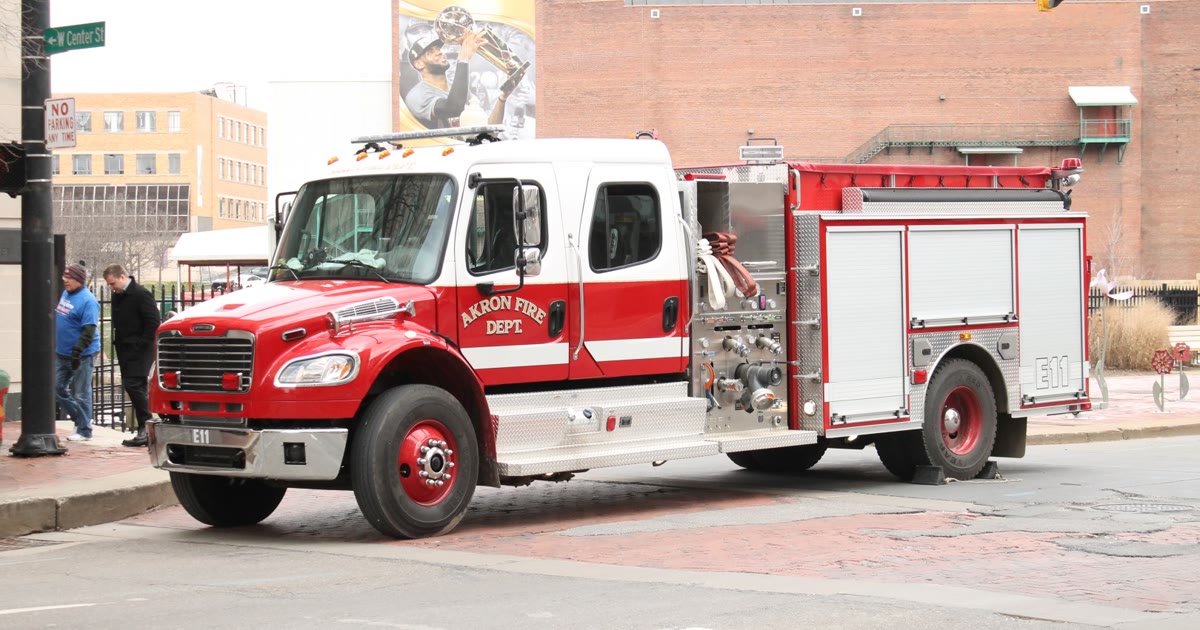 An Akron Fire Department engine parked on a city street in Akron, Ohio