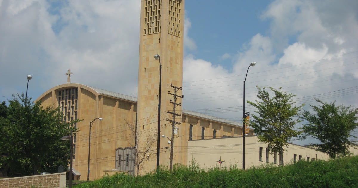 St. Columba Cathedral in Youngstown, Ohio, a stone cathedral with a tall bell tower
