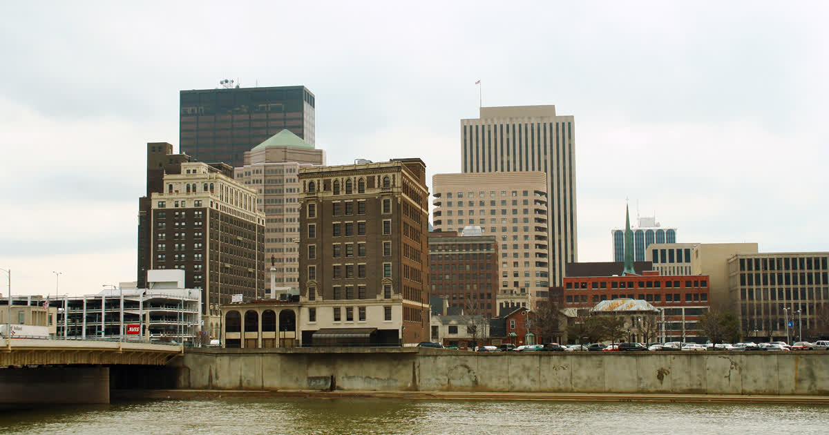 The downtown Dayton, Ohio skyline seen across the Great Miami River