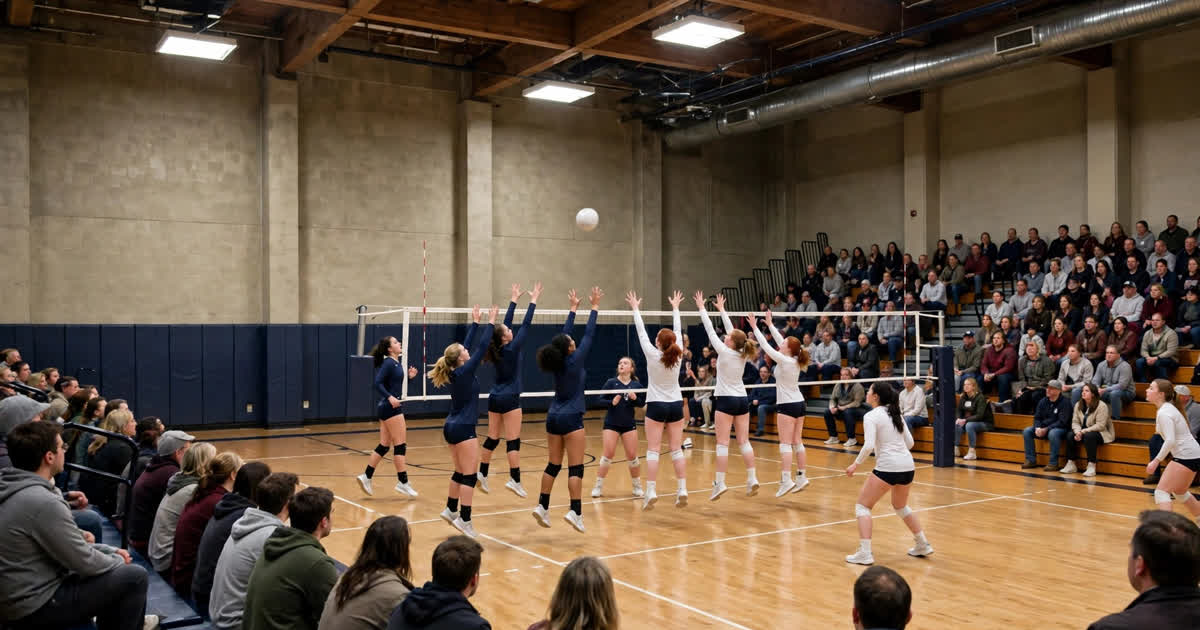 High school girls volleyball players leap at the net during a district championship match in a gymnasium