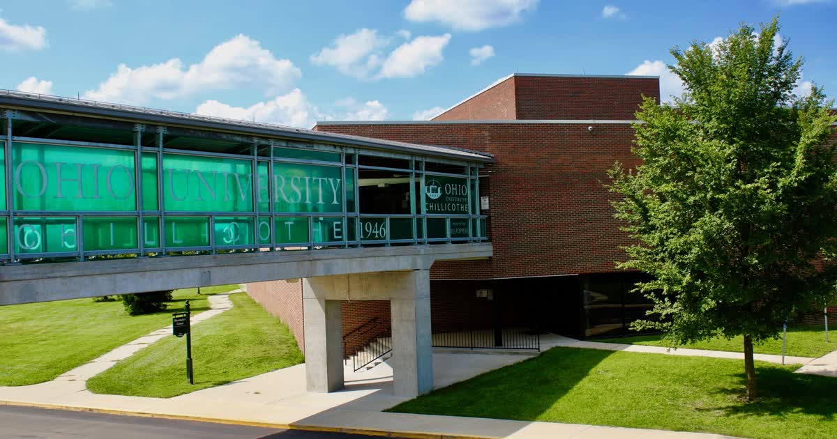 The Shoemaker Center at Ohio University Chillicothe, with the campus pedestrian bridge in the foreground