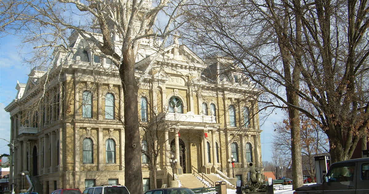 The Guernsey County Courthouse, a stone courthouse building, in Cambridge, Ohio