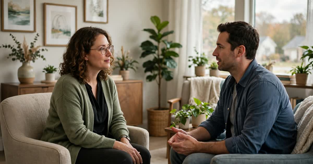 A therapist and patient talking in a counseling office