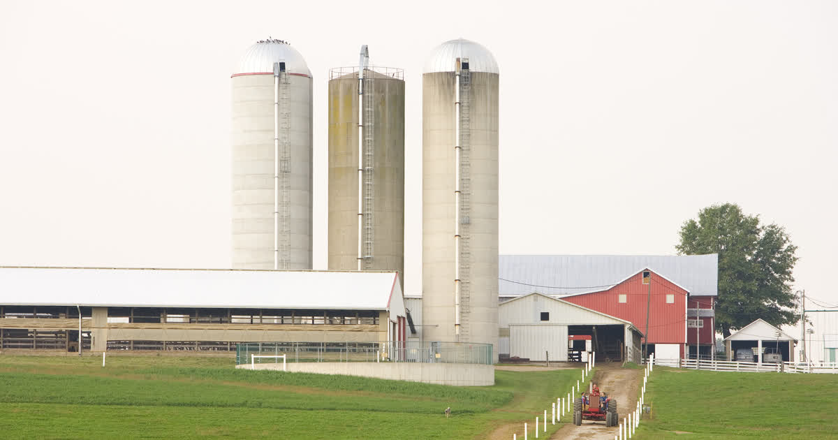 Farm with silos and a red barn in Ohio