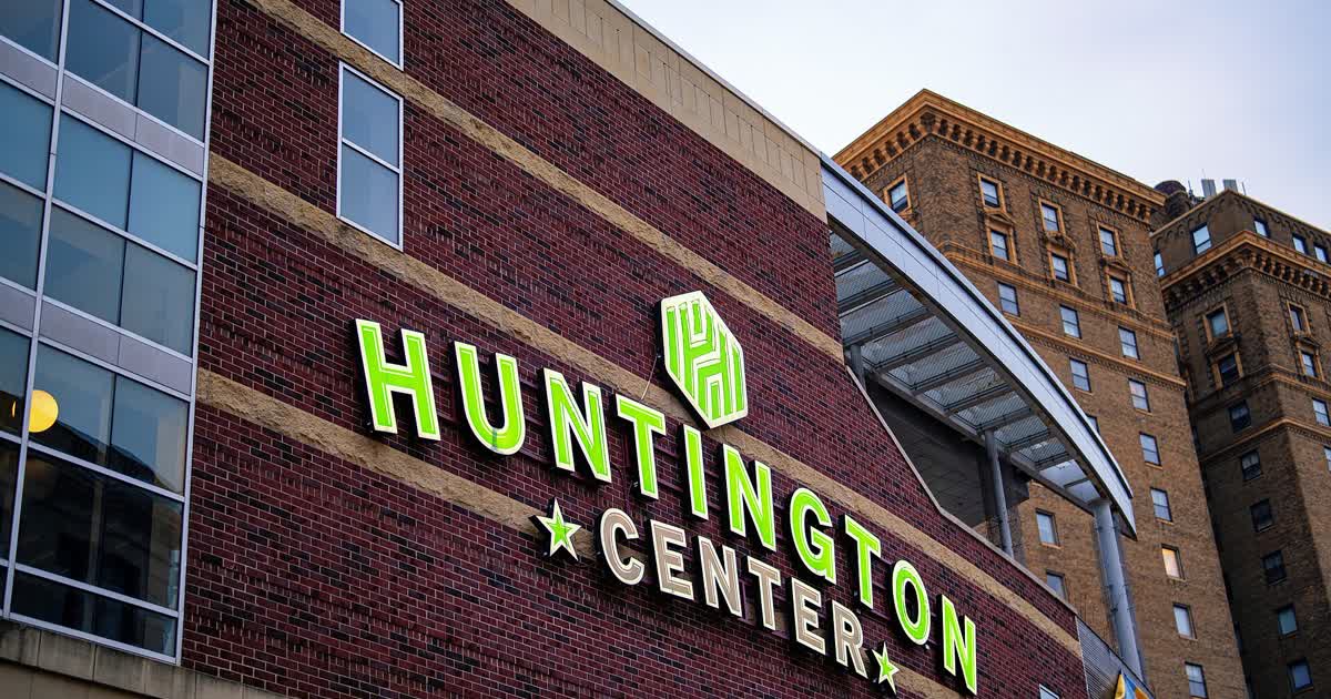 The Huntington Center arena sign on the brick exterior of the arena in downtown Toledo, Ohio