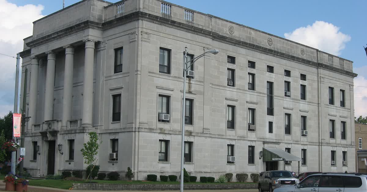 The Hocking County Courthouse in Logan, Ohio, a stone building with columns