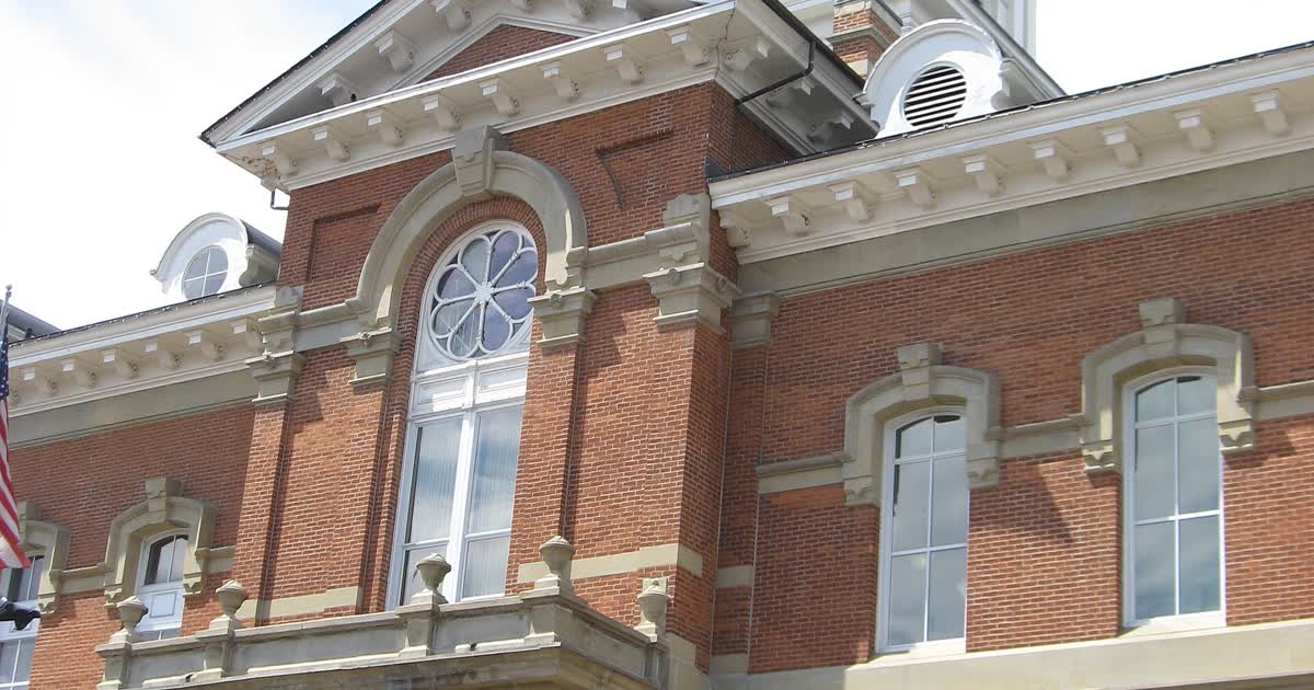 The Athens County Courthouse in Athens, Ohio, a red-brick building with a white clock tower