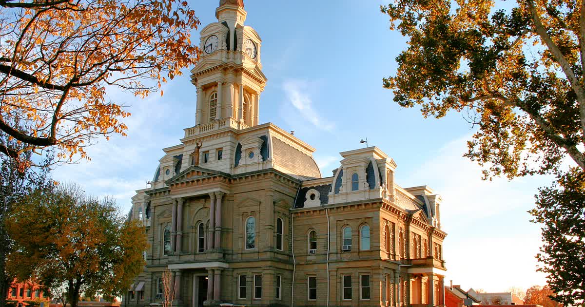 Madison County Courthouse in London, Ohio, with its clock tower in autumn