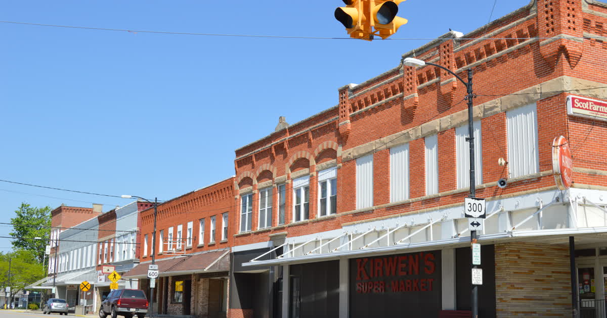 Downtown Gibsonburg, Ohio storefronts at Madison and Main streets