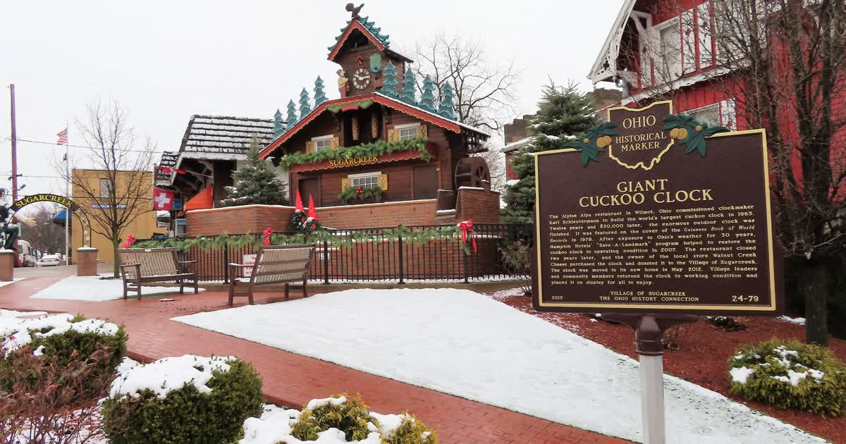 The Giant Cuckoo Clock in Sugarcreek Ohio with its Ohio historical marker