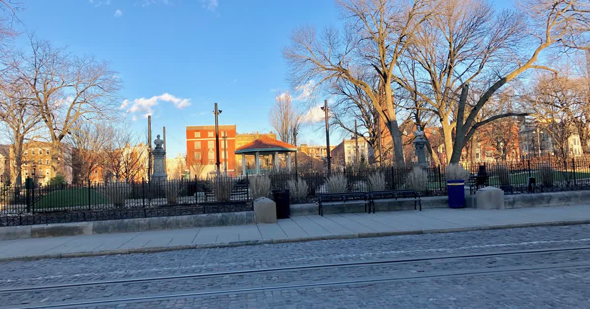 Washington Park in Over-the-Rhine Cincinnati with its gazebo and streetcar tracks