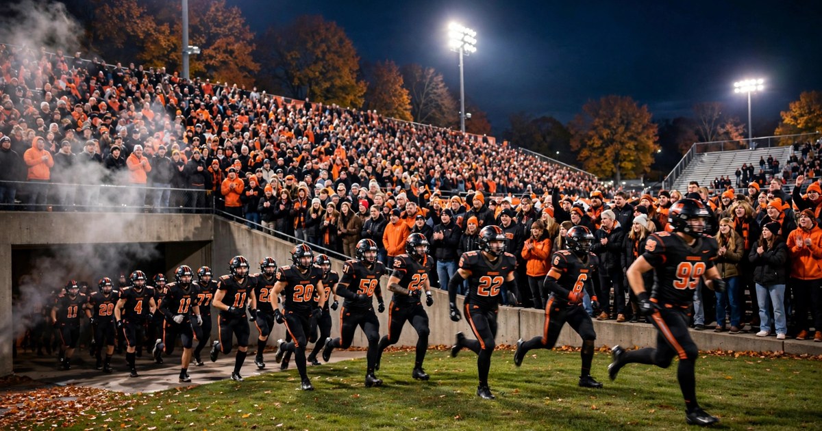 High school football team in black uniforms with orange numbers running onto the field in front of a crowd in orange and black